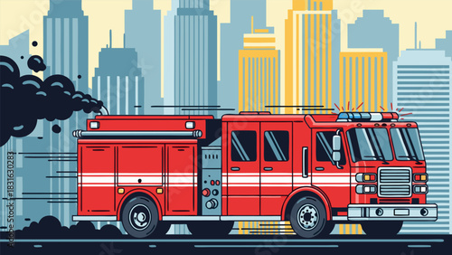 Side view of a red fire truck speeding through a modern city on an emergency rescue mission, vector graphic illustration design