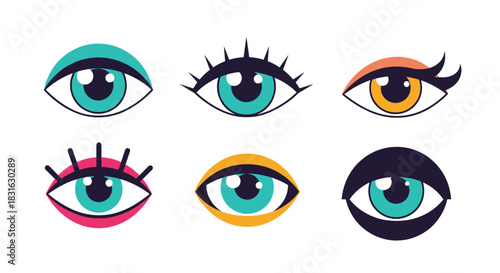 Collection of six unique and stylized cartoon eyes with different shapes colors and expressions for creative character design.