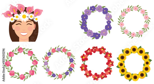 Set of beautiful floral wreaths and a happy woman wearing a flower crown for wedding or spring festival celebrations.