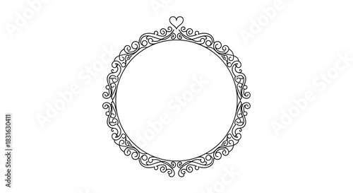 Elegant vintage circular frame with intricate filigree scrollwork and a heart detail perfect for wedding or formal designs.