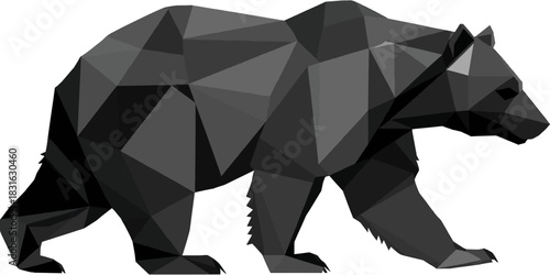 A striking low poly illustration depicts a black bear walking, showcasing a modern geometric design with a minimalist aesthetic.
