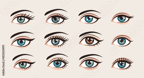 Set of twelve beautiful and realistic female eyes with various makeup styles eyeliner shapes and different iris colors.