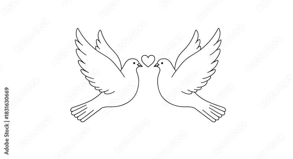 Obraz premium Simple and elegant line art drawing of two doves in love facing each other with a heart symbolizing peace and marriage.