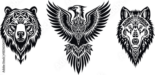 Intricate black and white illustrations featuring a bear, eagle, and wolf, showcasing detailed animal designs with ornamental patterns.