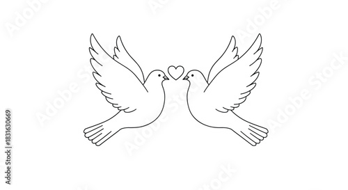 Simple and elegant line art drawing of two doves in love facing each other with a heart symbolizing peace and marriage.