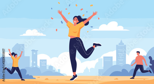 Overjoyed woman jumping with excitement and happiness under falling confetti in a city park celebrating a personal victory.