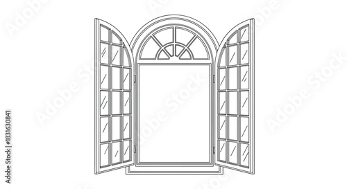 Simple black and white line art of an elegant open arched window with many panes inviting light and fresh air inside.
