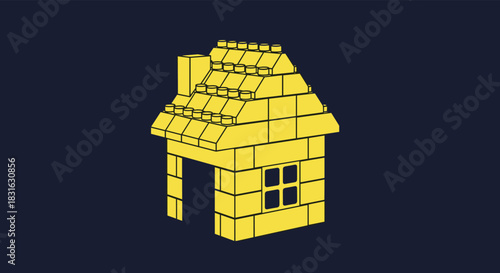 Simple yellow toy brick house with a chimney and window on a dark background representing home construction and real estate concepts.