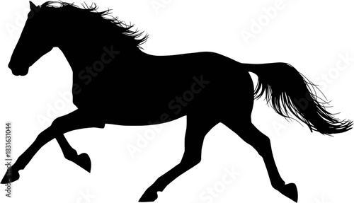 A striking black silhouette captures the graceful movement of a running horse, showcasing its power and elegance against a plain background.
