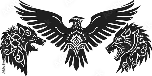 A striking black and white illustration featuring an eagle with outstretched wings flanked by two snarling wolves, a symbol of power.