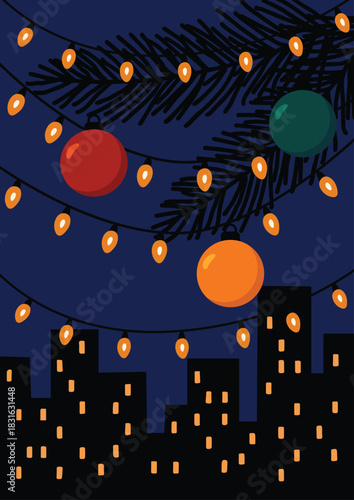 A festive night cityscape decorated with glowing Christmas lights, colorful ornaments for winter illustrations, greeting cards, posters, and seasonal designs.