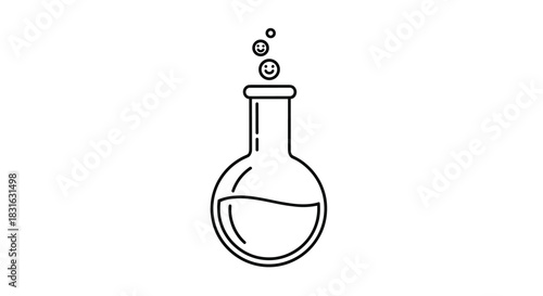 Minimalist line icon of a chemistry lab flask with happy smiling face bubbles representing the fun and joy of scientific discovery.