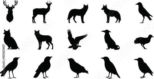 Silhouette collection of various animals and birds, including deer, wolf, eagle, and crow, isolated on a white background for design.