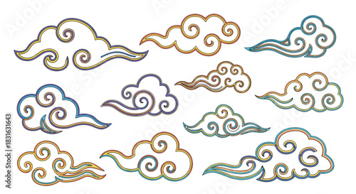 Set of decorative traditional Chinese or Japanese style clouds with a colorful textured outline for oriental design projects.