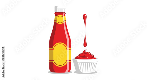 Ketchup bottle with a blank label and a bowl of tomato sauce with a drip for food packaging and condiment branding mockups.