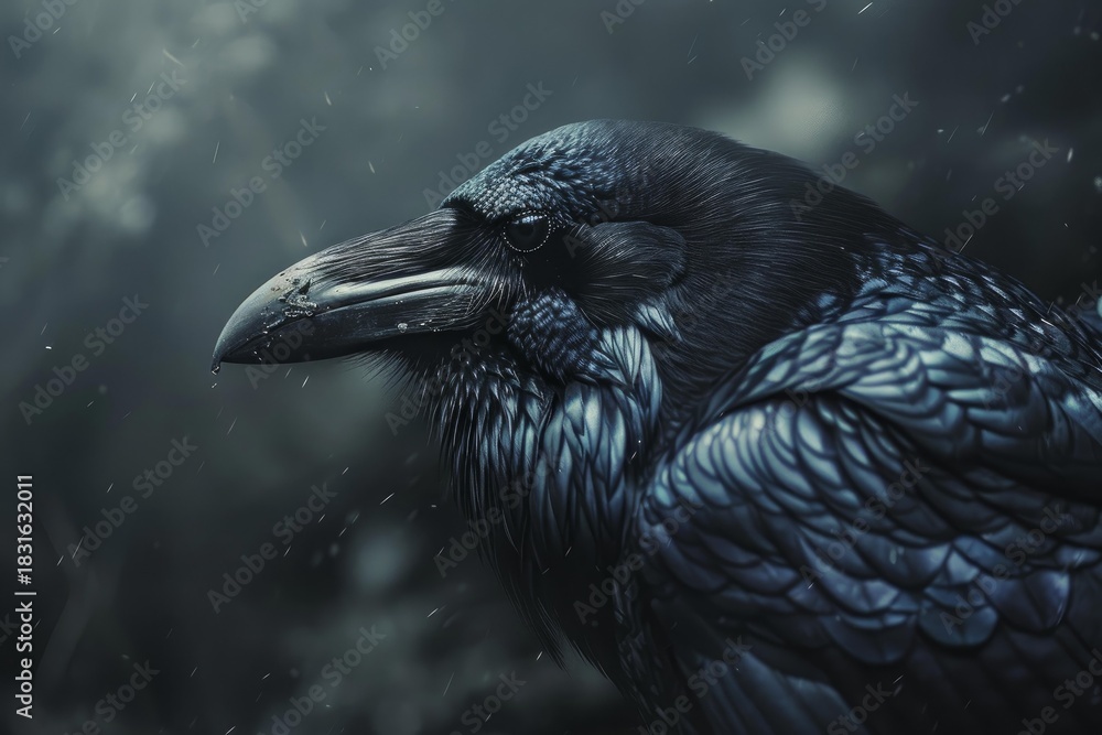 Fototapeta premium Close up of a raven with water droplets on its beak, perched against a blurred natural background during rainfall