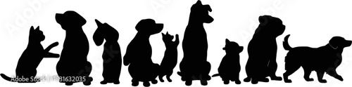 Silhouette illustration of various pets, including cats and dogs, in a row, showcasing different breeds and sizes, perfect for design.