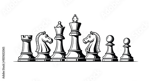 Complete set of black and white chess pieces including the king queen and rook lined up for a strategy game illustration.