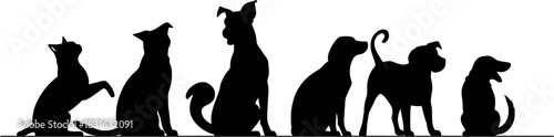 Silhouette artwork features a cat and several dogs in various poses against a clean white background, creating a minimalist design.
