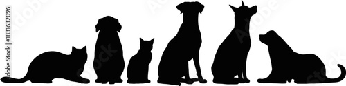 A silhouette collection of varied pets, including dogs, cats, and a ferret, arranged in a row, isolated against a white backdrop.