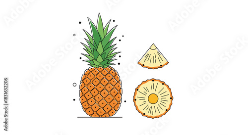 Fresh tropical pineapple fruit shown whole and in slices in a simple and clean line art style with color on a white background.