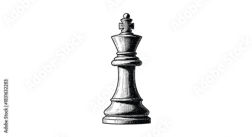 Hand-drawn vintage sketch of a single chess king piece representing strategy leadership and power in a classic illustration.