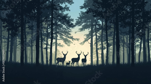 A serene silhouette of deer standing in a tranquil forest at dusk, showcasing the beauty of nature and wildlife in a peaceful scene.