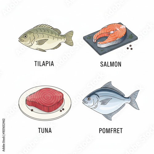 Healthy omega-3 rich fish collection: tilapia, salmon, tuna, pomfret