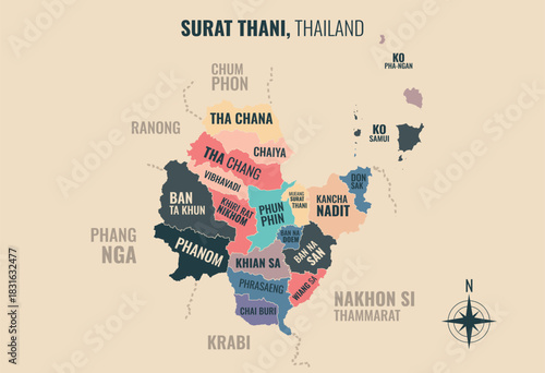 A map showing Surat Thani Thailand divided into districts in a minimalist colorful style