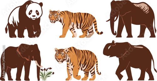 A collection of illustrated animals, including a panda, tigers, and elephants, perfect for educational or wildlife-themed projects and designs.