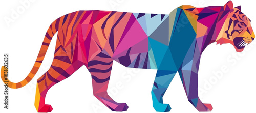 A vibrant polygonal illustration depicts a majestic tiger, showcasing a spectrum of colors and geometric shapes, creating a captivating visual representation of the animal.