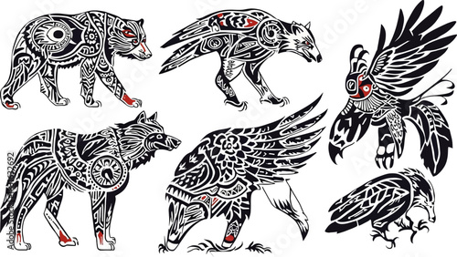 Intricate tribal animal illustrations featuring a bear, raven, badger, eagle, wolf, and other creatures with detailed patterns.