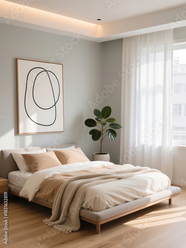 Minimalist beige bedroom interior with abstract art and natural sunlight