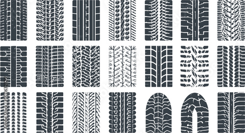 A collection of various tire tread patterns in black and white, showcasing diverse designs for vehicle traction and road grip.