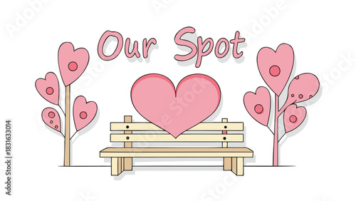 Charming illustration of a park bench adorned with a large pink heart and heart shaped trees perfect for romantic themes