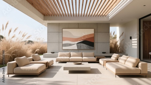 Fototapeta Naklejka Na Ścianę i Meble -  Minimalist outdoor patio with modern beige furniture and sunlight