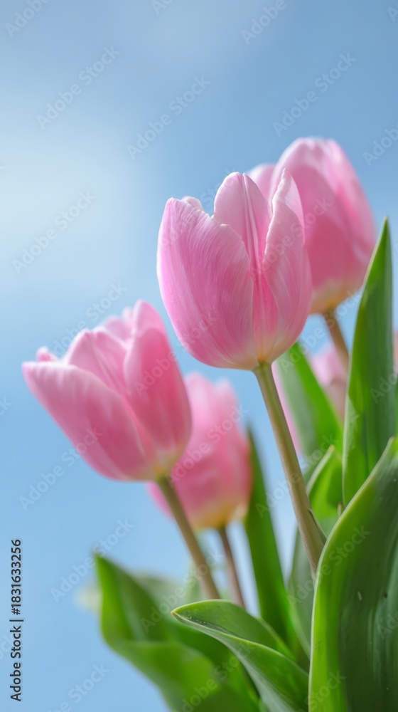 Fototapeta premium Blooming Pink Tulips: A captivating arrangement of vibrant pink tulips gracefully reaching towards the sky, against a gentle blue backdrop, radiating beauty.