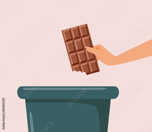 Person Throwing Away a Chocolate Bar Vector Illustration. Woman starting diet discarding all the sweet sugary temptations 
  