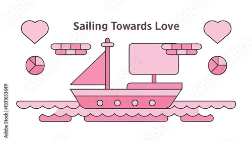 A charming pink sailboat navigates the waves towards a romantic destination adorned with hearts and abstract elements