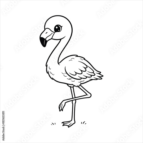 A Little flamingo standing on one leg black line art, white background
