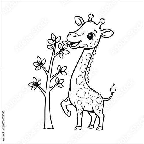 A Little giraffe nibbling leaves from a tree black line art, white background