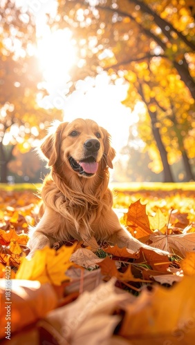 A happy Golden Retriever dog sits amongst vibrant orange autumn leaves bathed in bright sunlight.