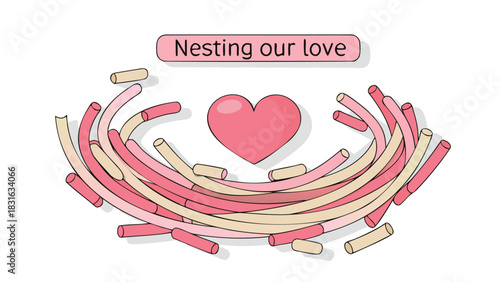 A pink heart symbol nestled within a creative nest made of colorful straws symbolizing love and togetherness
