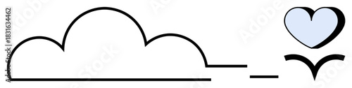 Cloud with minimalist lines and floating heart above abstract wave. Ideal for technology, environment, sustainability, love, kindness, minimalism, connection. Simple flat metaphor