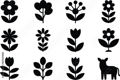Icons set of floral and animal symbols