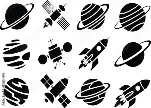 Space icons set with planets, satellites, and rockets