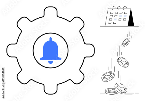 Gear with a notification bell, a calendar, and falling coins symbolizing time management, productivity, reminders, task scheduling, financial planning, deadlines and efficiency. Ideal for business