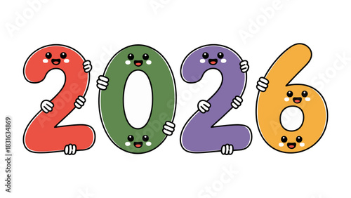 Cheerful New Year 2026: The New Year's arrival is enthusiastically announced by cheerful animated figures. A festive, playful illustration promising good vibes.