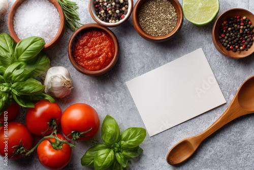 Delicious ingredients and blank card ready for your recipe or food blog post, featuring tomatoes, basil, garlic, and spices for culinary inspiration