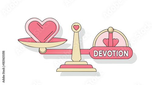 A conceptual illustration of a balance scale weighing a large heart against the word devotion and two smaller hearts symbolizing commitment and love